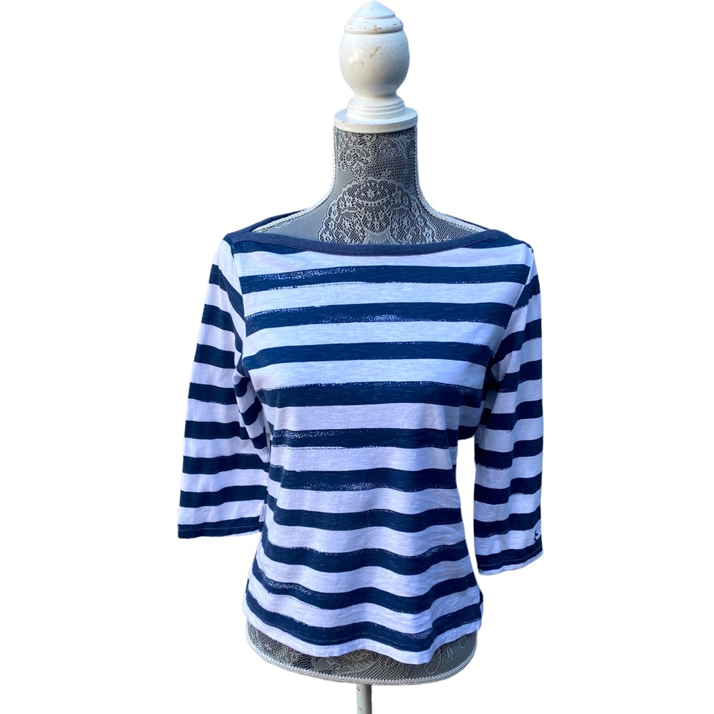 Hatley Navy Striped Boat Neck 3/4 Sleeve Cotton Top,  Hatley Tops